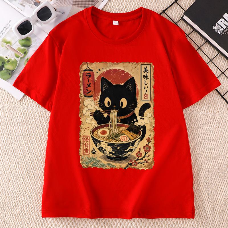 Raunisex Cat T Shirt Black Cat Noodles Tee Japanese Food Tshirt Unisex Unisex Round Neck Print Fashion TShirt Streetwear Clothes