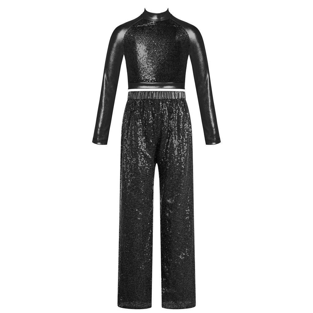 Girls Shiny Sequins Dance Crop Top Mock Neck Long Sleeve High Waist Wide Leg Pants Set