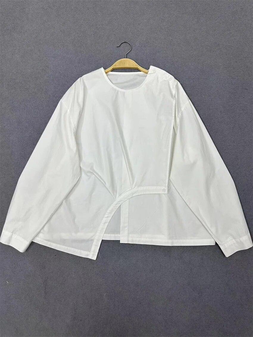 

Johnature нерегулярный дизайн с круглым вырезом, женская рубашка с длинными рукавами, весенние топы из чистого хлопка в японском стиле One Size белый