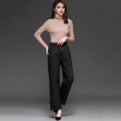 Autumn Winter Cotton Pants Rhombus Quilted Straight Wide Leg Long Pants with Pockets Solid Color Thickened