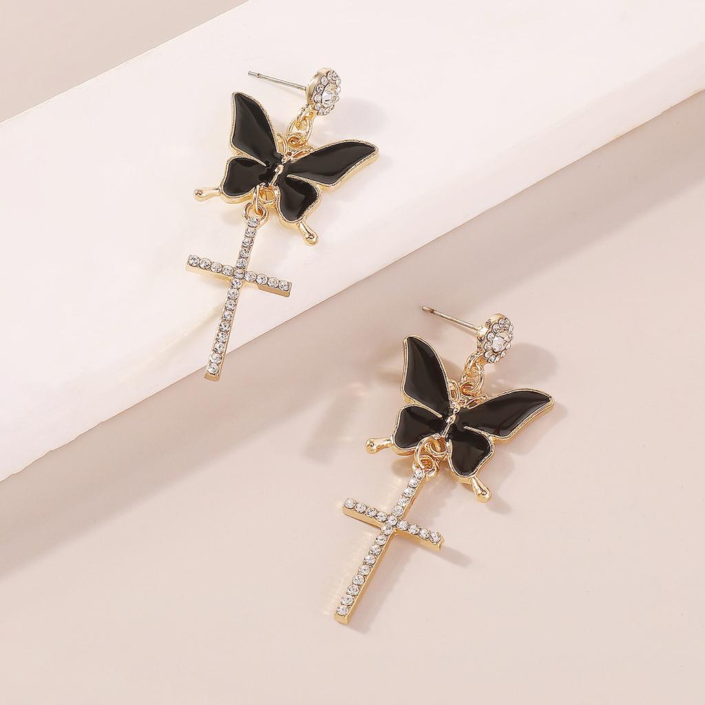 Sparkling Butterfly Drop Earrings with Tassels and Rhinestones