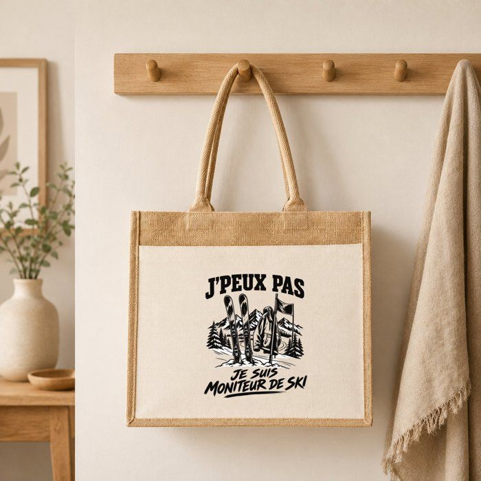Sac Cabas Jute avec Poche J’peux pas je suis Moniteur de ski J'peux pas minimaliste | Toile de Jute et Coton 21 L Fond Plat Anses