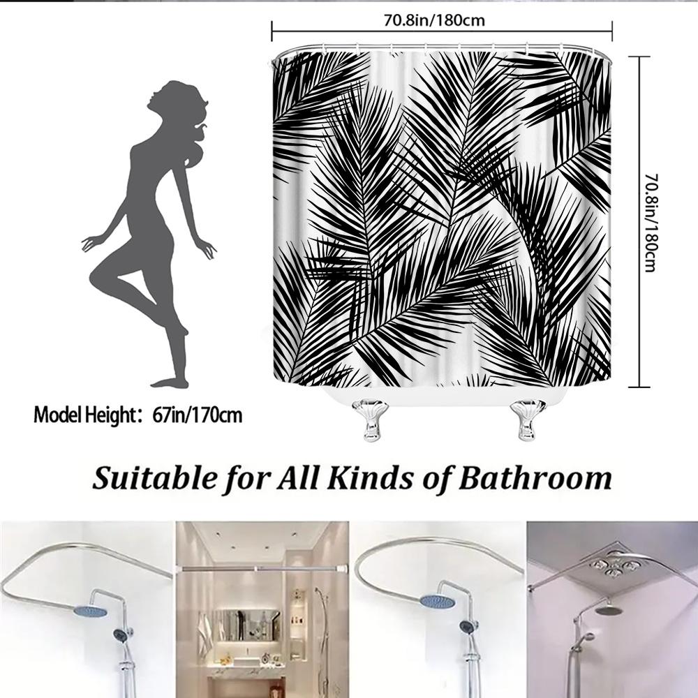 1Bold Black & White Palm Fronds Shower Curtain - Tropical Minimalist Design, Machine Washable | Nature-Inspired Bathroom Decor