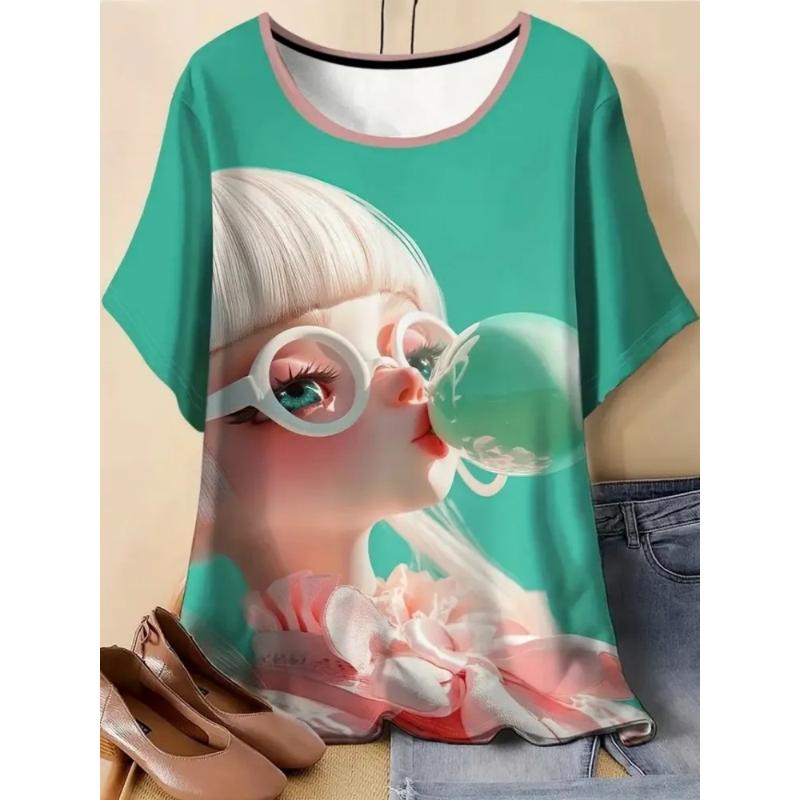 Women's T-shirt 3D Pattern Printed Casual Short Sleeved Cartoon Girl Image Print O-Neck Top Fashionable Street Women's Clothing