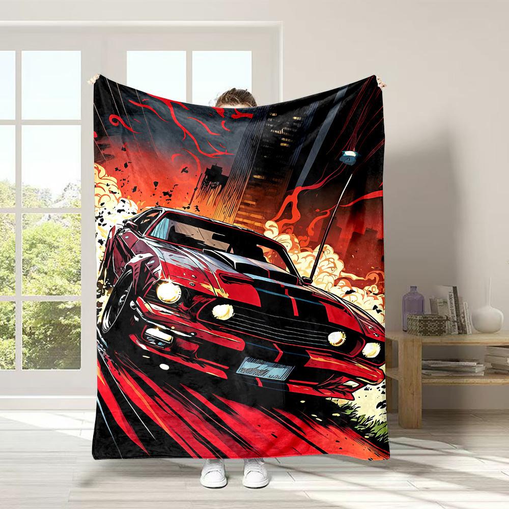 Red Sports Car & City Print Flannel Blanket – Cartoon Theme, All-Season Cozy Throw – Perfect Gift for Home & Office