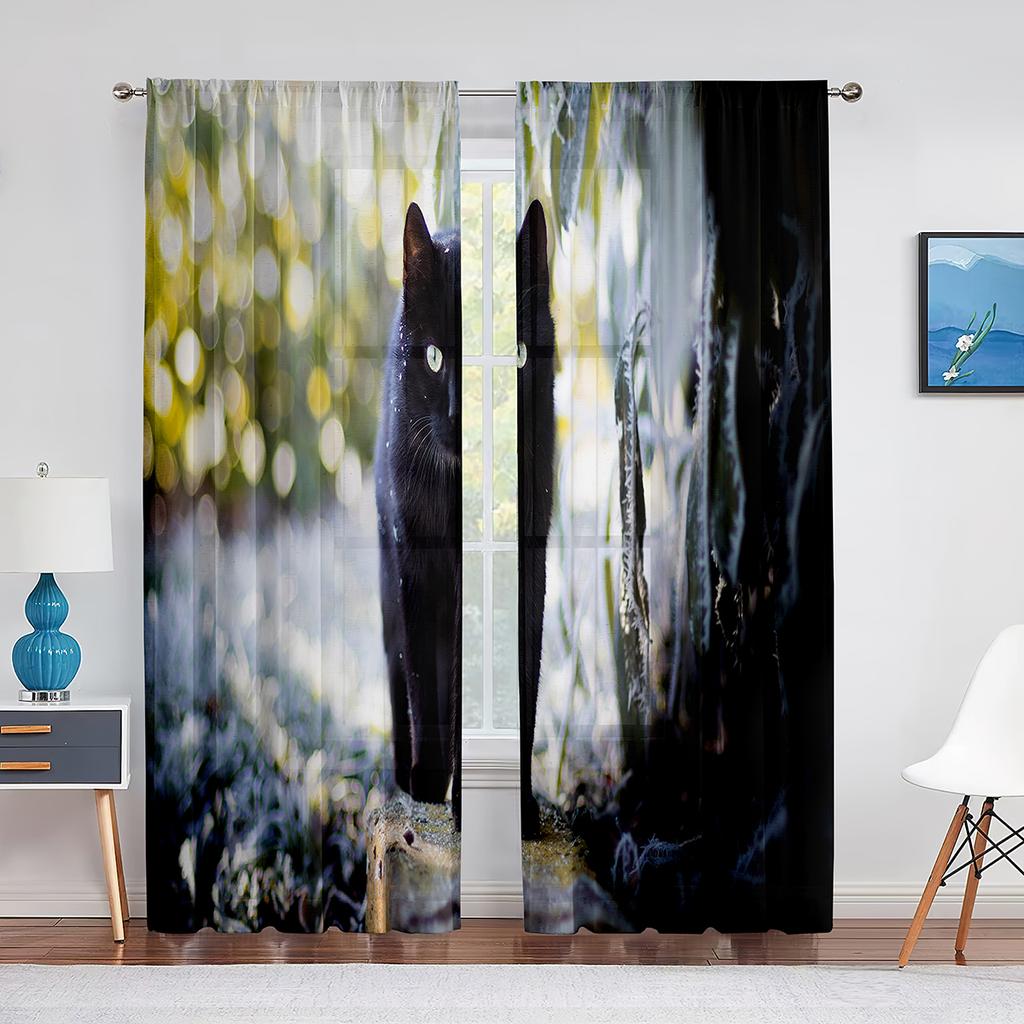 Black Cat Big Eyes Animal Grey Tulle Curtains for Living Room Bedroom Decoration Transparent Chiffon Sheer Voile Window Curtain