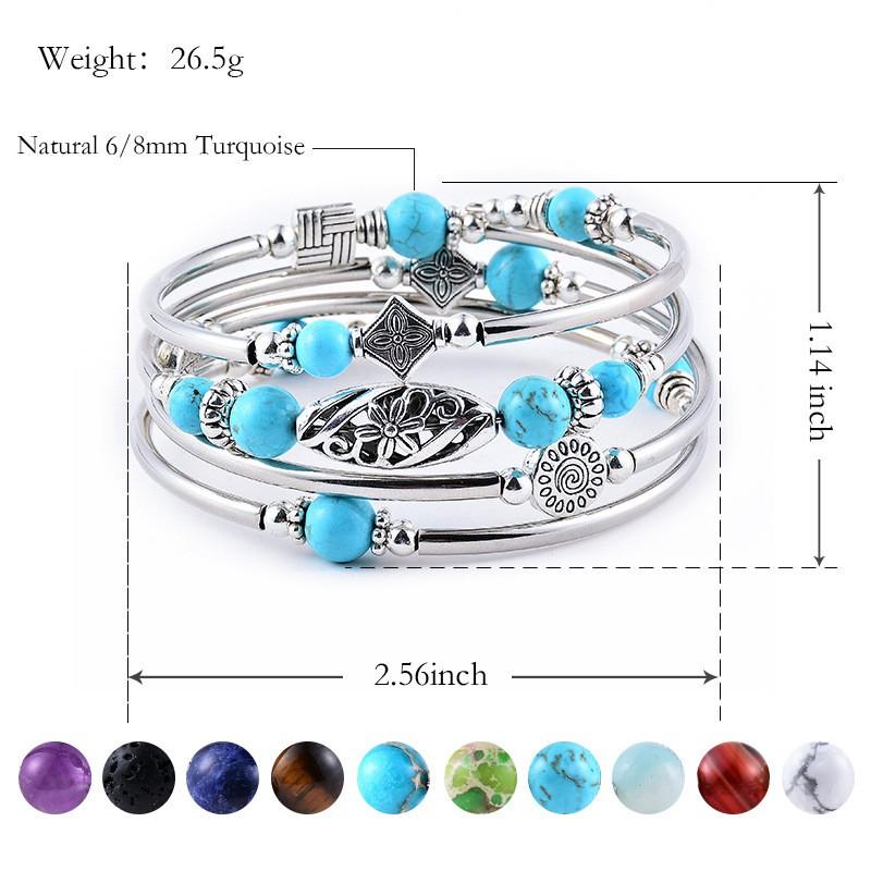 Handmade Layered Wrap Bracelet With Natural Turquoise Tigers Eye Beads Geometric Design Unisex Jewelry