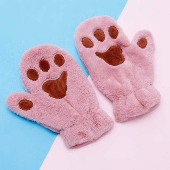 1 Pair Women Winter Mittens Cartoon Cat Paw Shape Thick Plush Anti-slip Heat Retention Outdoor Skiing Cycling Gloves