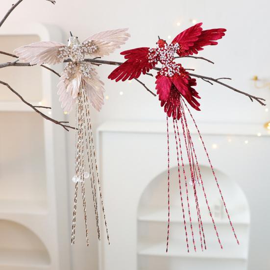 Artificial Glitter Birds Christmas Tree Ornament Realistic Long Tail Hummingbird with Faux Pearl for Holiday Wedding Party Xmas Tree
