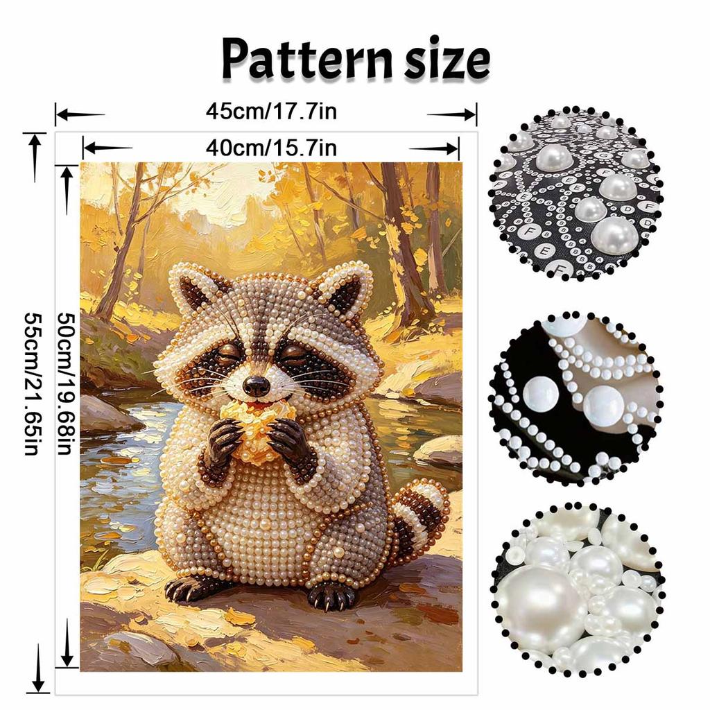 Sparkling Pearl Painting on Stretched Frame Cute Raccoon Eating DIY Bead Art Canvas Relaxing Hobby Gift for Craft Lovers Creative Projects