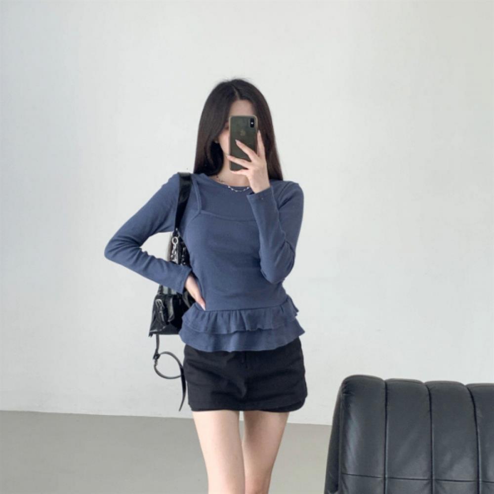New Arrivals Open Run Women Cotton Spandex Ribbed Layered Long Sleeve Tee