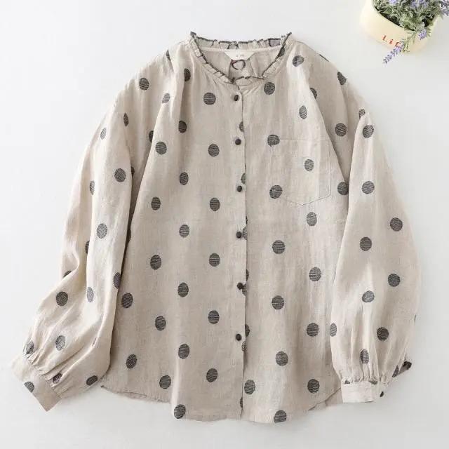 Retro Literary and Artistic Fresh Polka Dot Cotton Linen Long-sleeved Shirt Fungus Collar Thin Section Age-reducing Blouse Women's Spring and Autumn