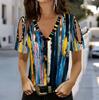 Women V Neck Cold Shoulder Blouse Colorful Vertical Brush Stroke Oil Painting Print Short Sleeve Top