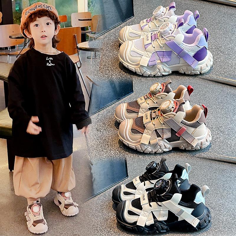 Knob buckle children's sneakers 2025 popular girls' shoes spring and autumn boys' shoes breathable mesh autumn children