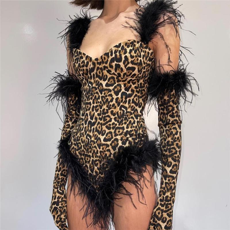 Fashion Sexy Leopard Print Casual Slim Beach Jumpsuit Bodysuit Feather Sleeveless SuitWomen With Gloves Jumper Body Suit Women
