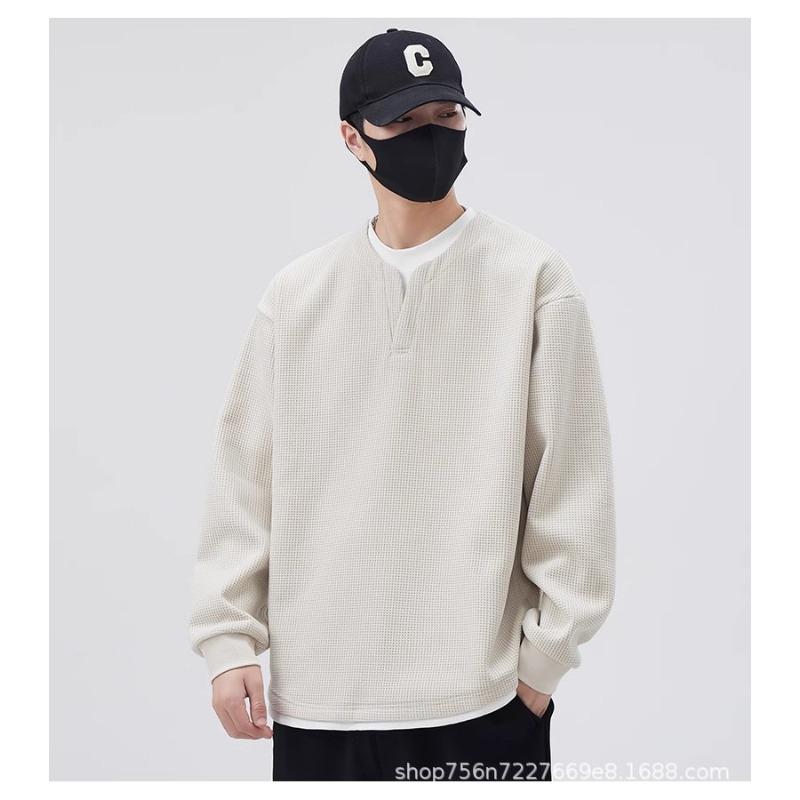 Men S Waffle Fake Two Piece Crew Neck Long Sleeve Sweatshirt