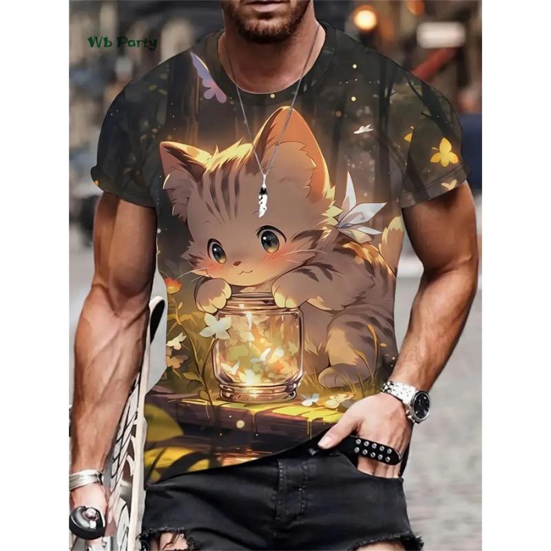 

Милые футболки с принтом кошек для мужчин, повседневная футболка с коротким рукавом, мужские топы с круглым вырезом, футболка с 3D-принтом, футболка оверсайз, летняя мужская одежда 6XL