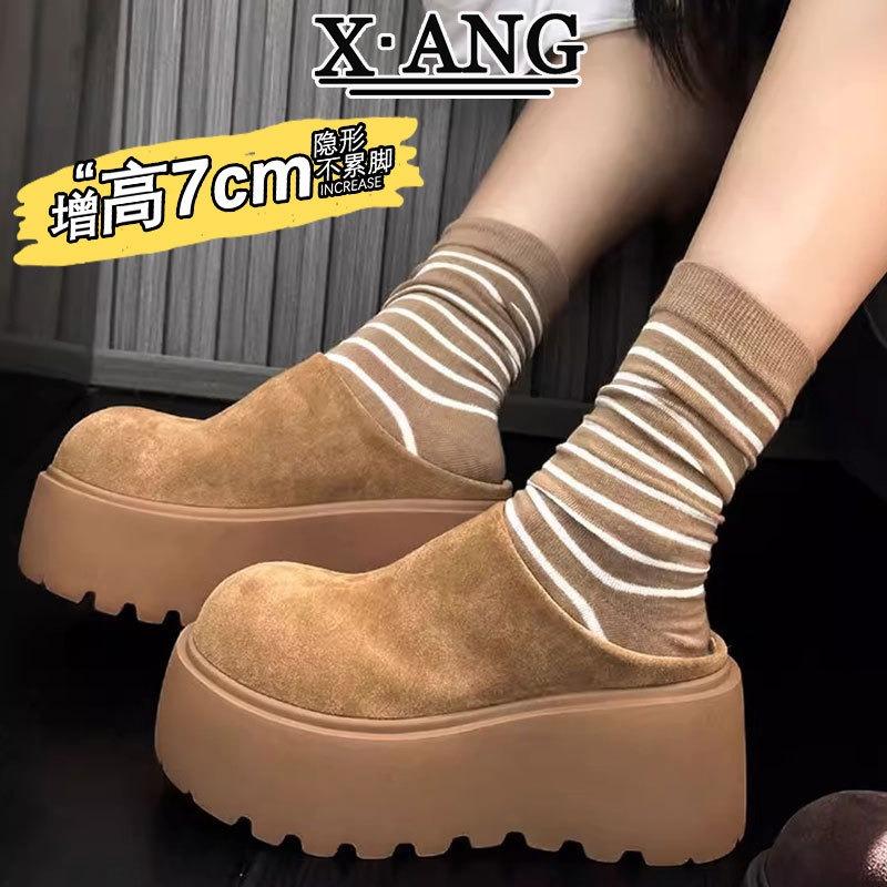 cm height increase thick sole small women's shoes leather plush cotton shoes one pedal bag head half drag