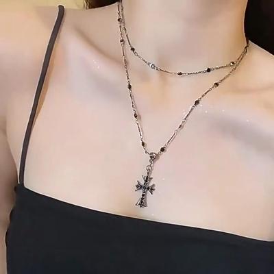 Gothic Black Rhinestone Cross Jesus Pendant Choker Necklace for Women Punk Vintage Double Layer Chain AVE