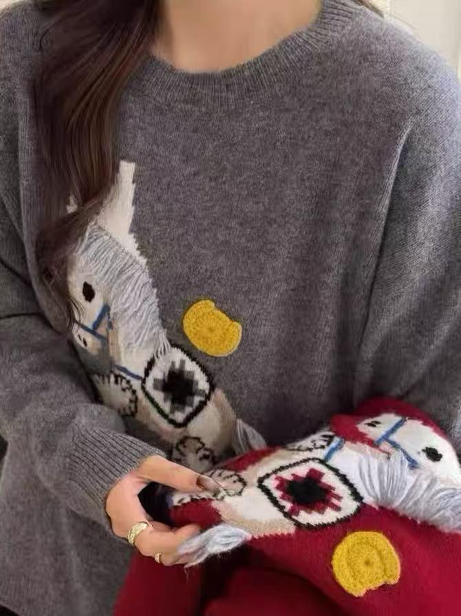 Women's Red Embroidered Horse Sweater - Round Neck, Soft Winter Knit, New 2026 Style