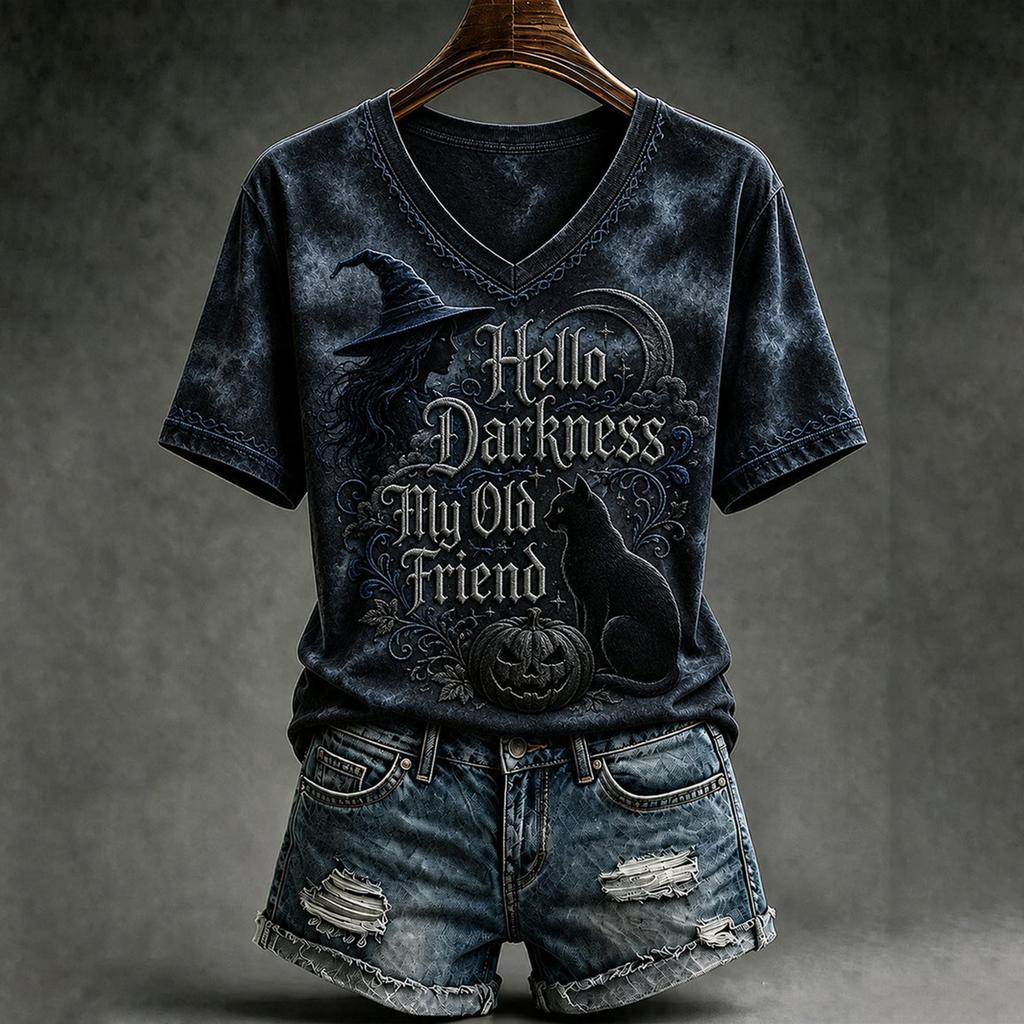 Women's Casual V-Neck Short Sleeve T-Shirt with Halloween Print and Shoulder