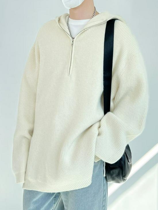 Men's Winter Half-Zip Hooded Knitwear: Trendy Loose Fit Sweater for Couples