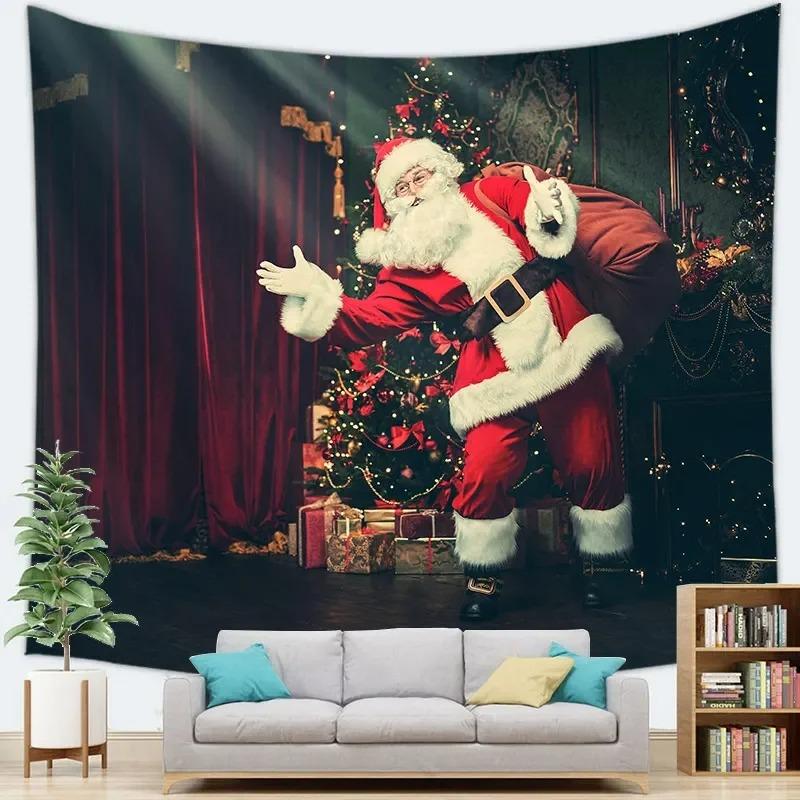Cartoon Santa Claus Pattern Tapestry Home Bedroom Living Room Wall Decoration Christmas Theme Tapestry