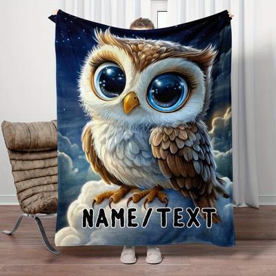 Custom Owl Fleece Blanket With Big Eyes Personalized Name Text Starry Sky Print Throw Soft Warm All Season Bedding Gift For Kids
