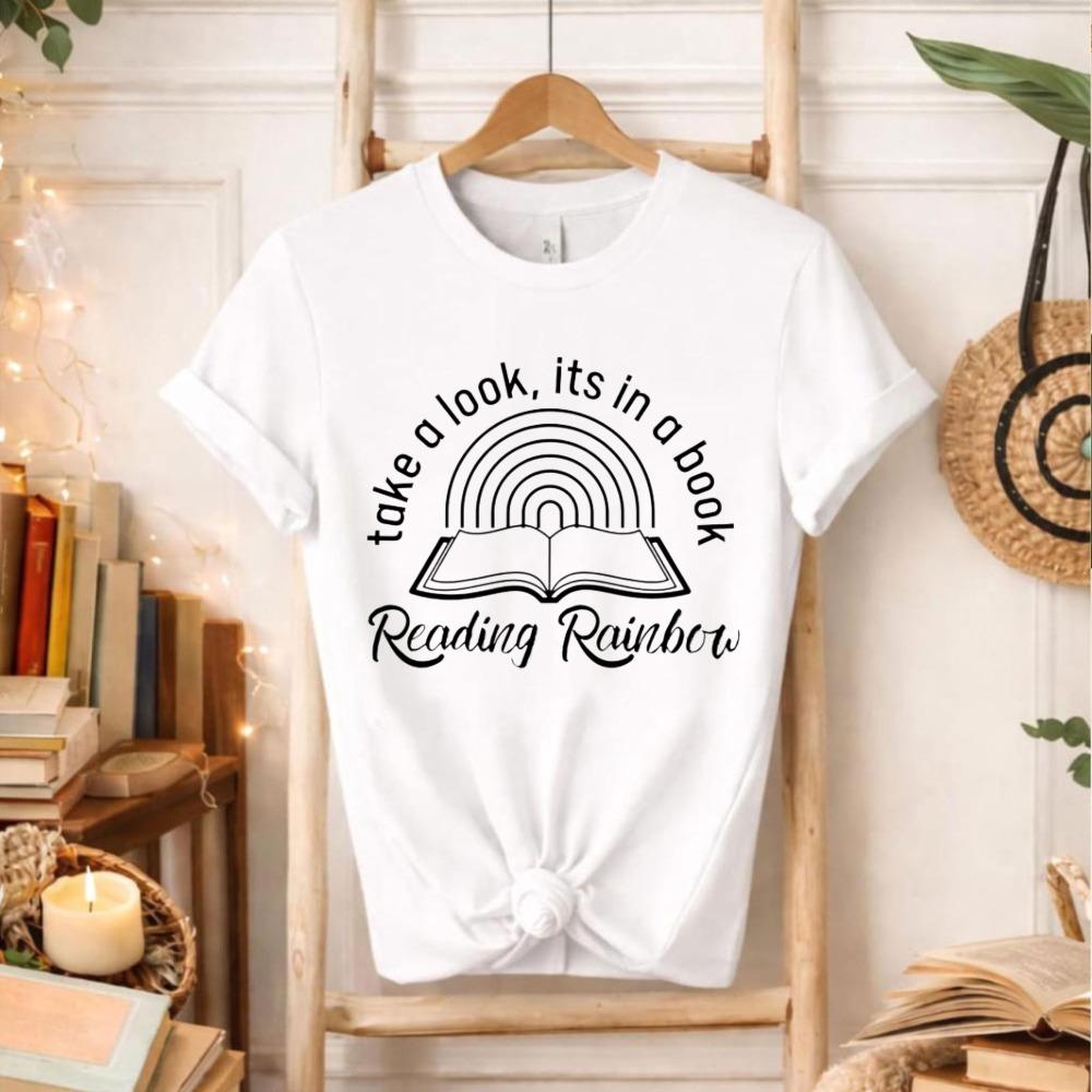 Black and White Line Rainbow Reading Book Lover Gift for Reader Literature Iconic Simple Aesthetic Crewneck Regular Short Sleeve