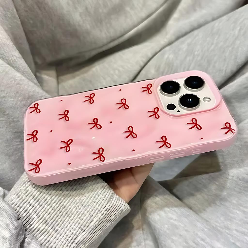 Cute Red Bow Dots Folds Texture 3D Irregular Wrinkle Phone Cases For iPhone 17 16 15 14 Plus 13 12 Air Pro Max Shockproof Glossy