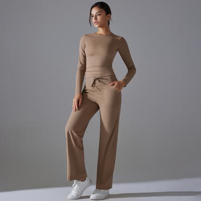 Auroth Long Sleeve Yoga Set With Pockets Women Workout Colthes Gym Top Wide Leg Fitness Pants Sportswear