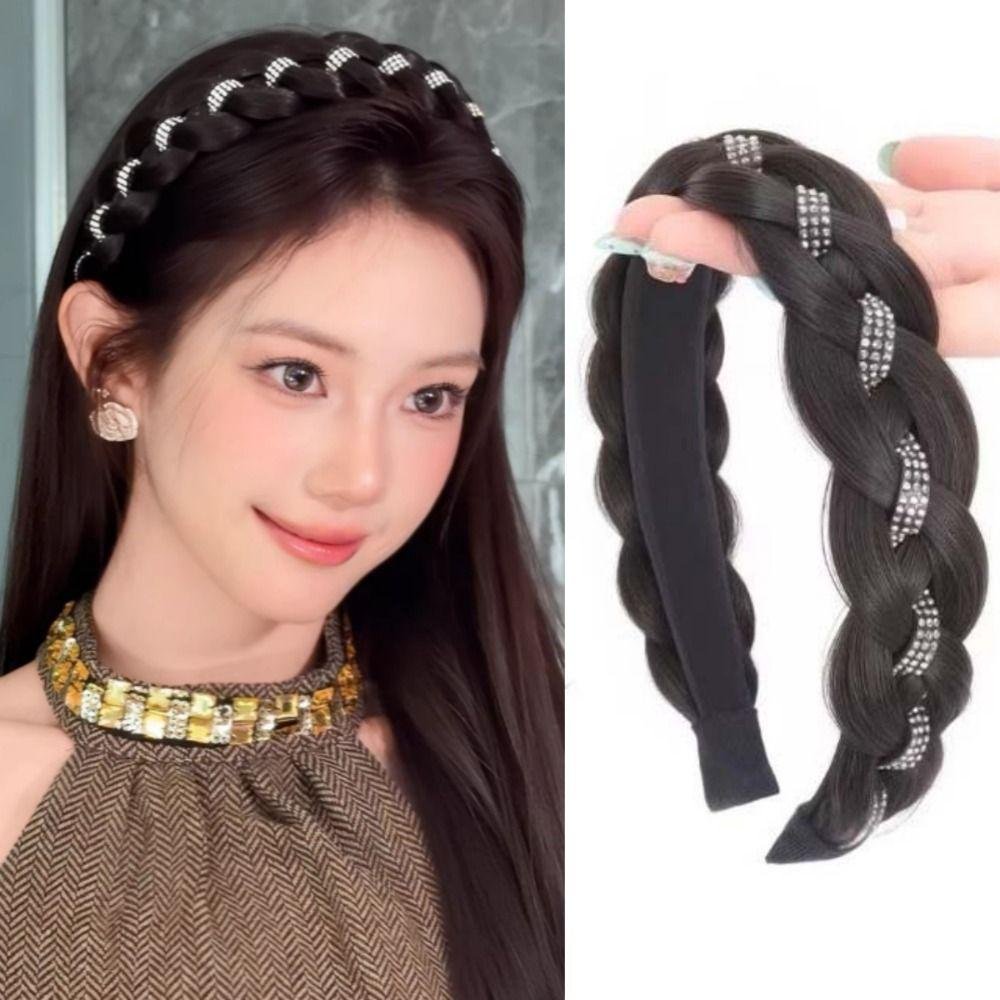 Synthetic Rhinestones Twist Braided Hairband Elegant Fishbone Braids Hair Bands  Party