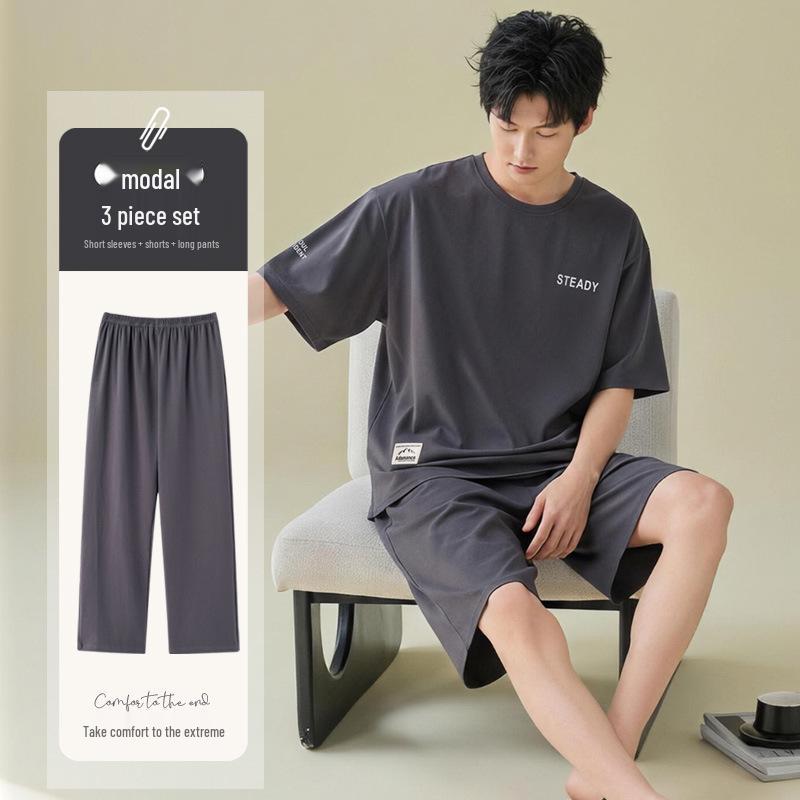Men's Summer Modal Pajama Set: Cool-Touch, Short Sleeve Top & Long Pants, Casual Outdoor Loungewear.