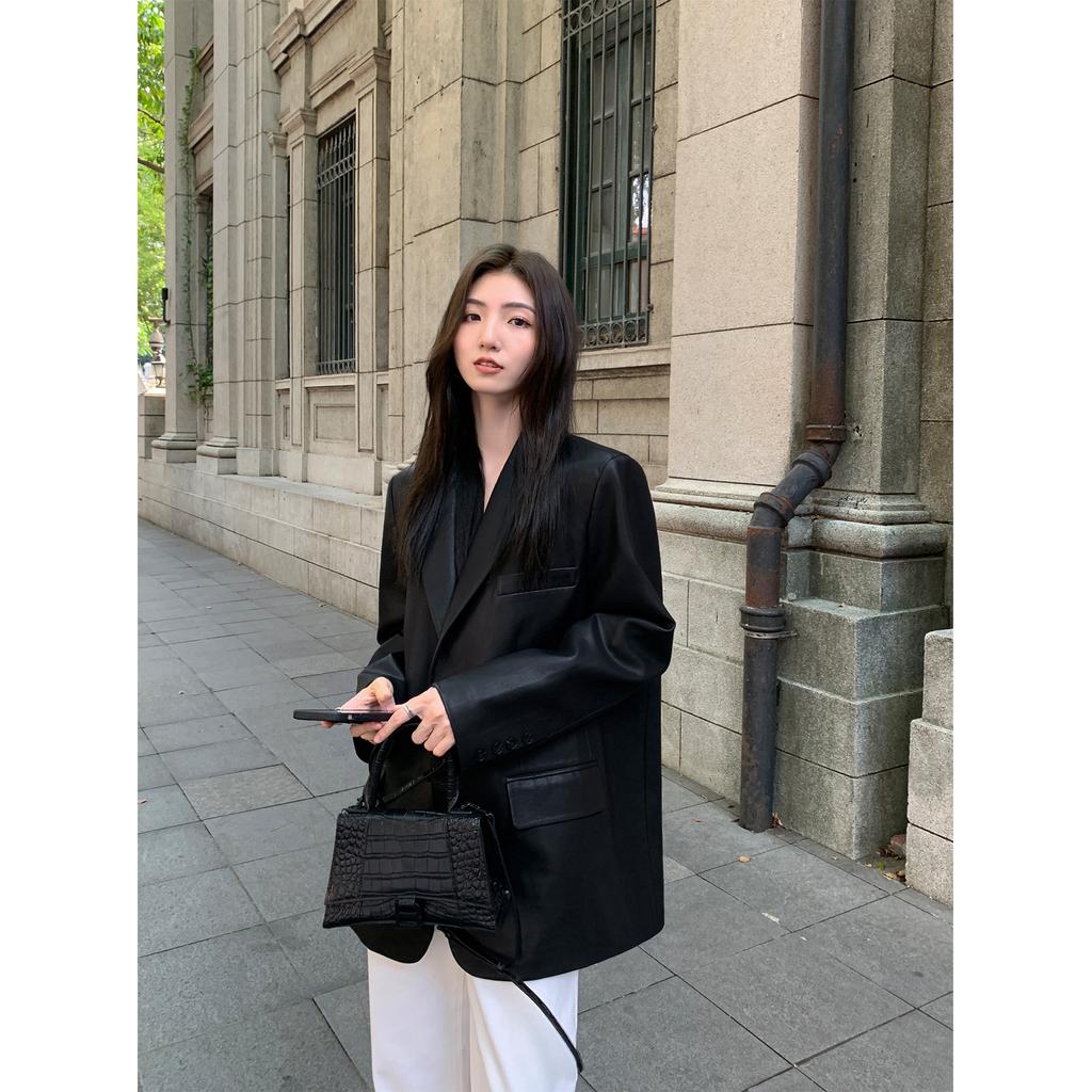 Korean Black Moto Jacket Vintage Warm Female Loose Artificial Leather Suit Blazers Streetwear Ladies Fashion Trend Thin Biker Coats