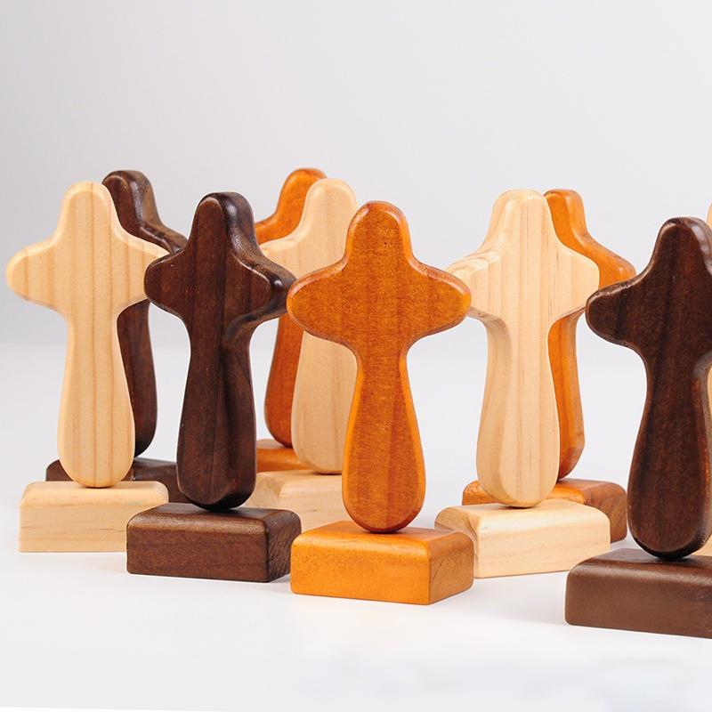Magnetic Base Wood Cross Statue Handicraft Vintage Cross Ornament Portable Standing Crosses Figurine Office Desktop