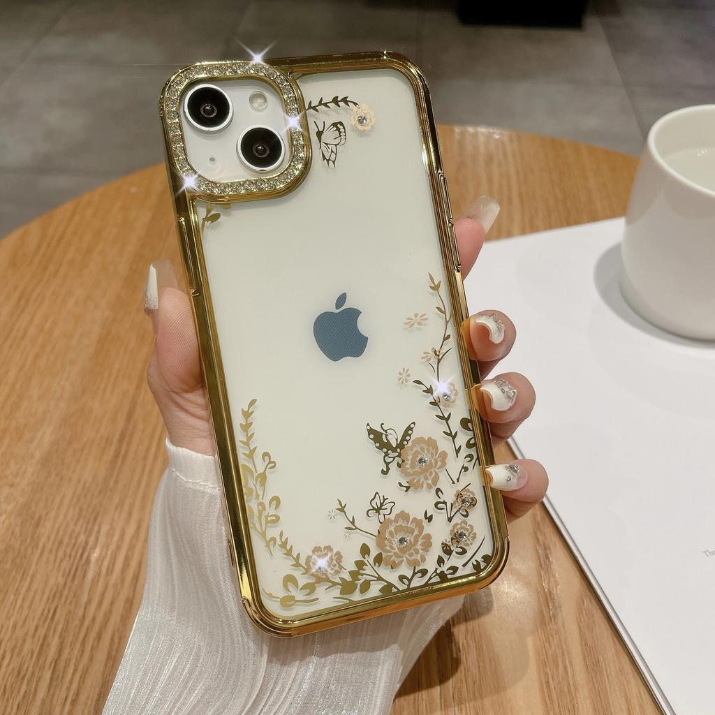 Applicable To Apple 15ProMax Phone Case, IPhone14 Electroplated Butterfly Ring Stand, Lens Flash Diamond Protective Case