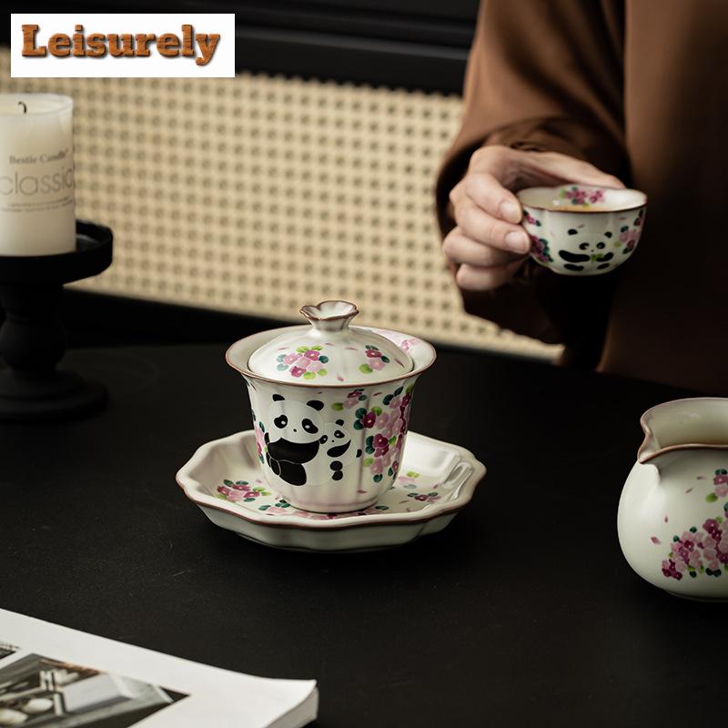 120ml Antique Ru Kiln Porcelain Gaiwan Chinese Cute Panda Sancai Cover Bowl Tea Making Tea Tureen Women Cafes Teaware Collection