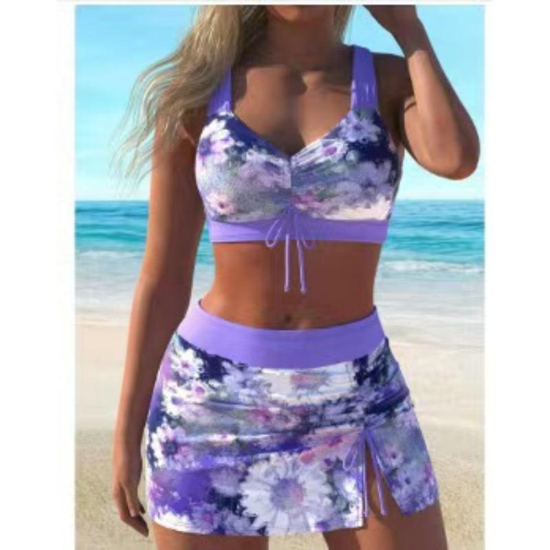 European and American New Printed Suspenders Fashionable Beach Large Size Swimsuit Three-piece Set Women's Conservative Shorts Hot Spring Swimsuit