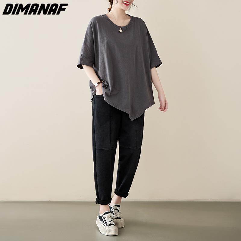 DIMANAF 2023 damska koszulka Plus Size Casual topy luźna solidna O-Neck letnia koszulka z krótkim rękawem moda zielona