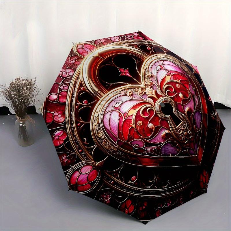 Stained Heart Keyhole OrnamentUmbrella, Portable 3-Fold Compact Umbrella,Christmas Gift ES638