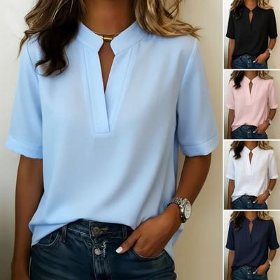 Women Shirt V-neck Open Collar Short Sleeve Loose Fit Casual Tops Pure Color Versatile Style Shirt Summer Work Casual