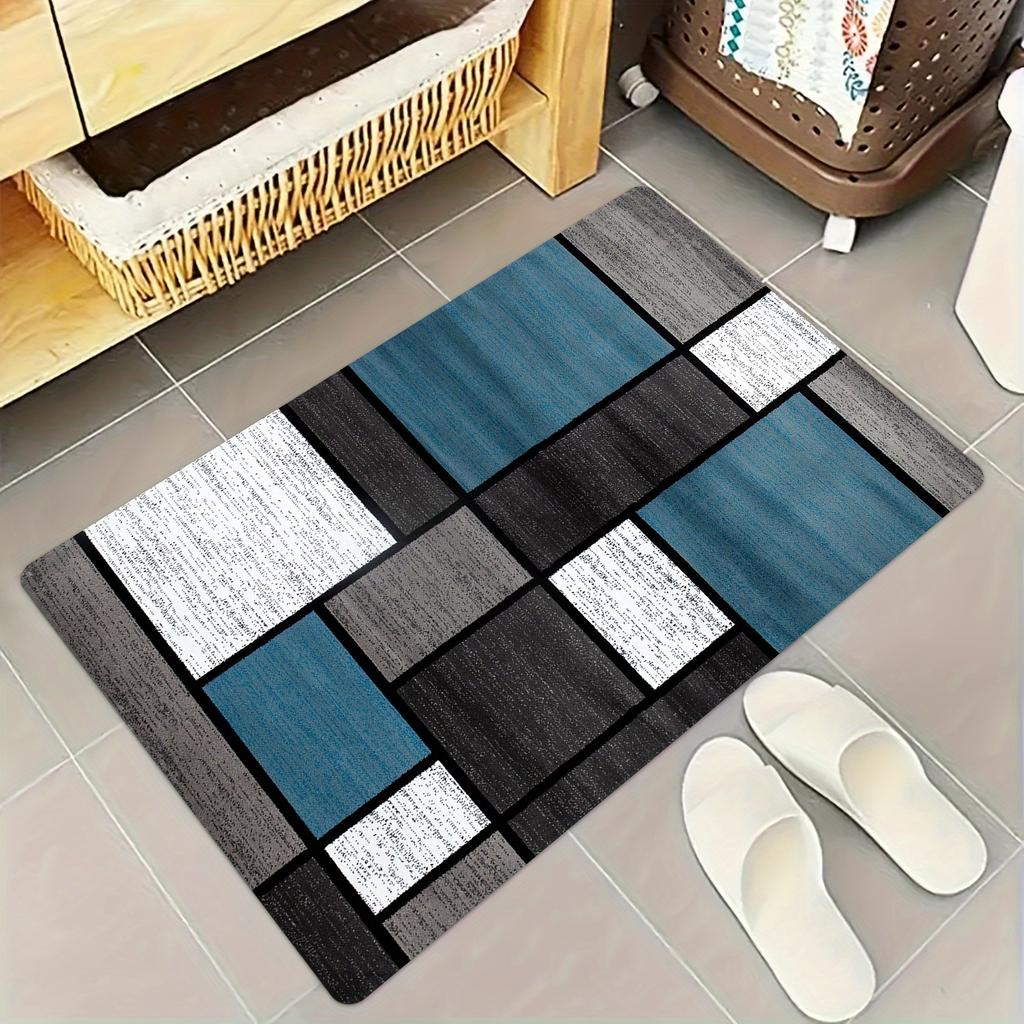 1pcs Thick Blue-white-gray Plaid Pattern Mat, Living Room Bedroom Mat, Kitchen Corridor Bathroom Laundry Machine Washable Absorbent Mat