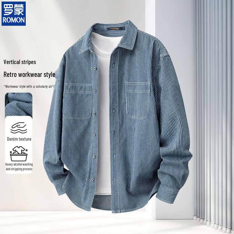 

ROMON Men s Striped Denim Long-Sleeve Casual Shirt L