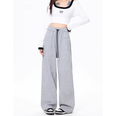 Drawstring Elastic Waist Casual Sweatpants for Women Spring Autumn Baggy High Waist Wide Leg Trousers Grey Plus Size Clothing