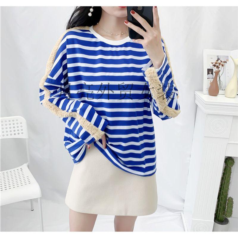 

Fashion Colorblock Stripes Elegant round Neck Loose Pullover Stripes S