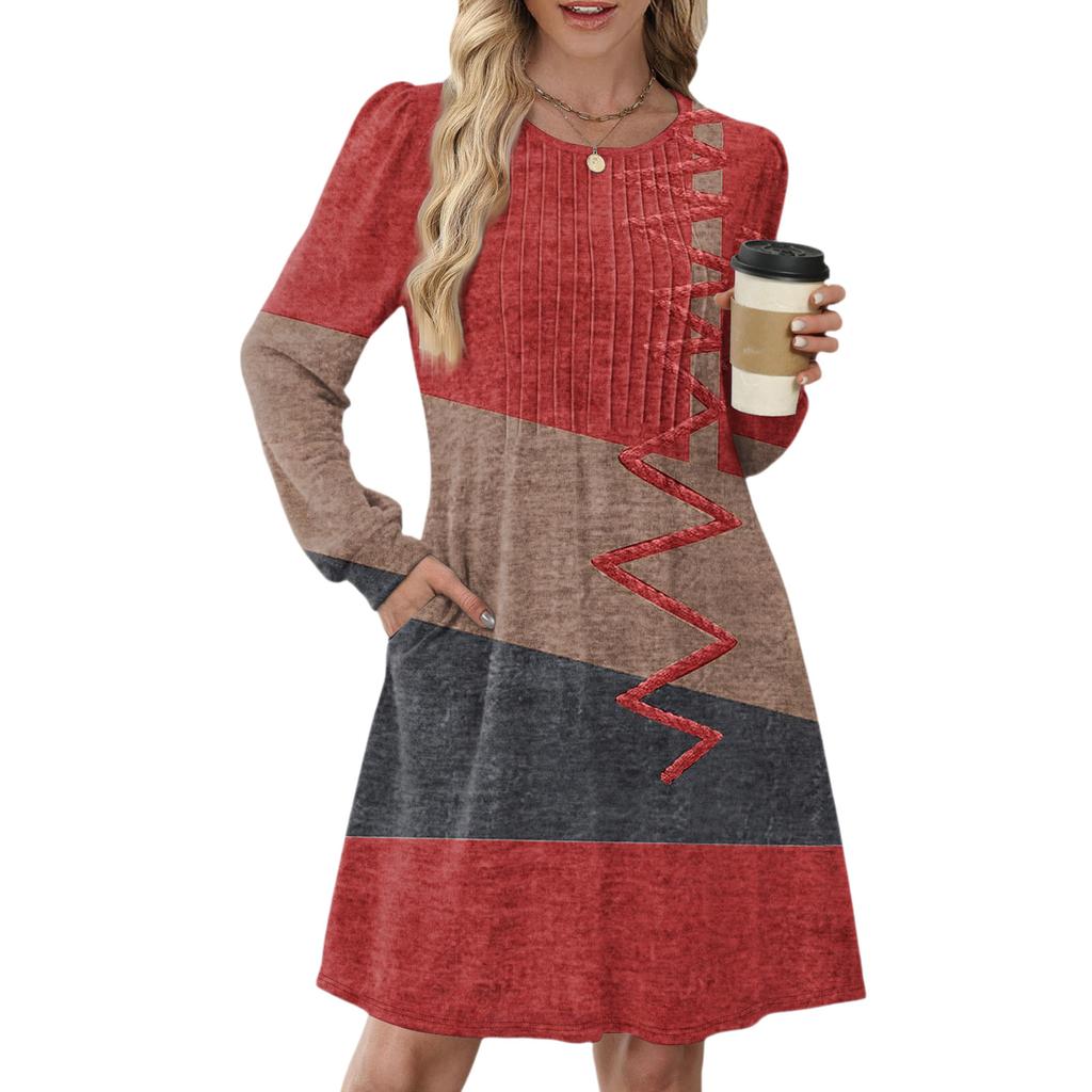 Women's Long Sleeve Pleated Round Neck Vintage Floral Print Casual Dress With Pockets