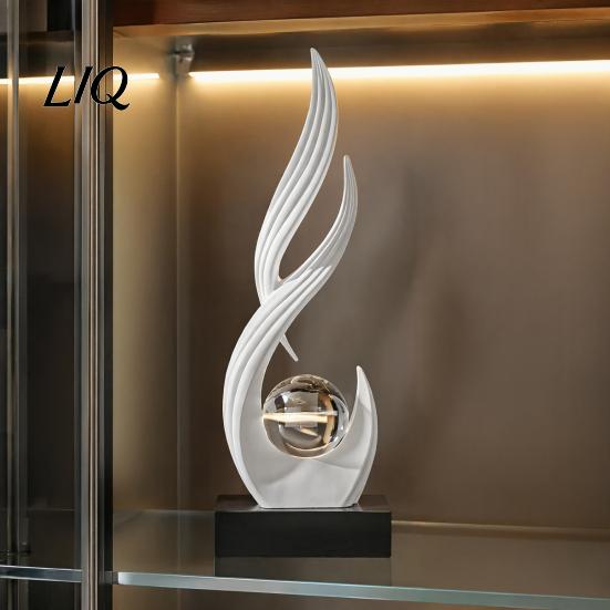 Artistic Ornament for TV Cabinet Abstract Decorative Sculpture with Clear Crystal Ball, Modern Flowing Curve Tabletop Decor Statue Golden Office Desk