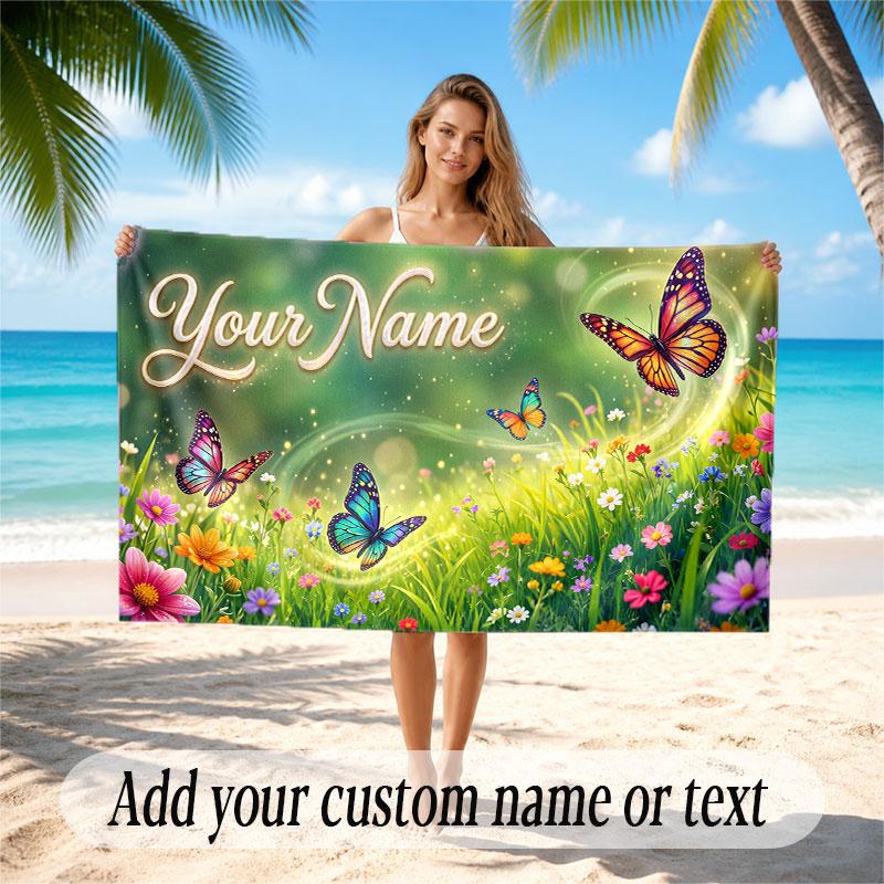Butterfly Theme Soft Beach Towel Personalized Custom Name Text Towel Portable for Beach Pool Travel