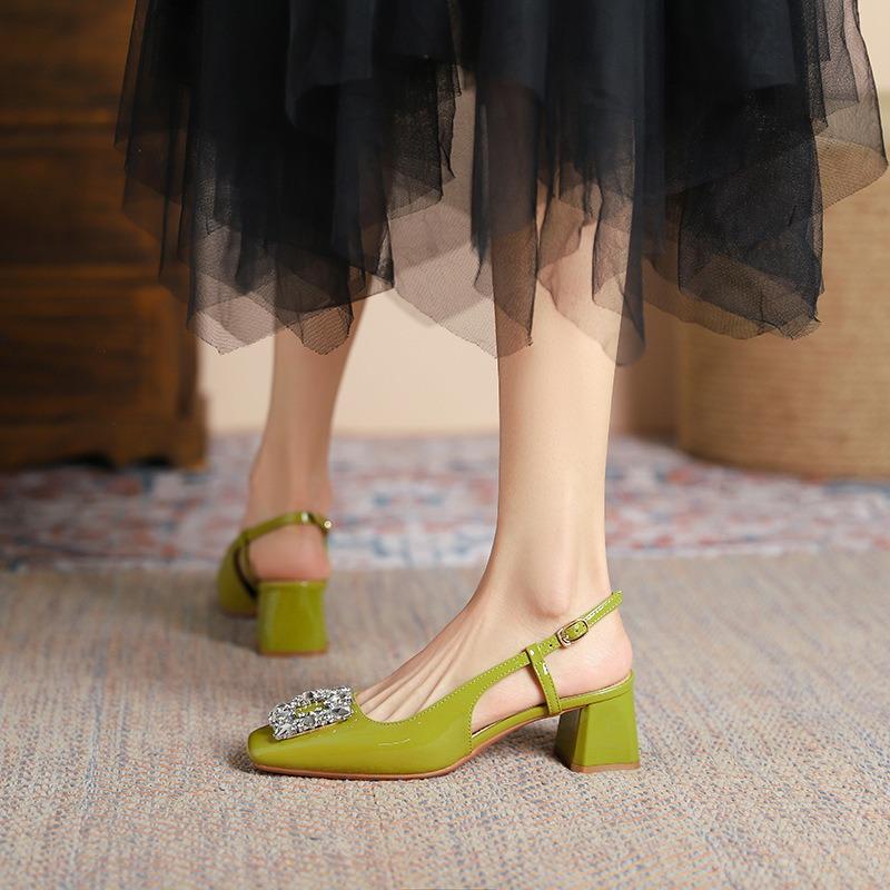 9-High-heeled bag head sandals women's summer new thick-heeled square head high-heeled shoes rhinestone shallow mouth single shoes