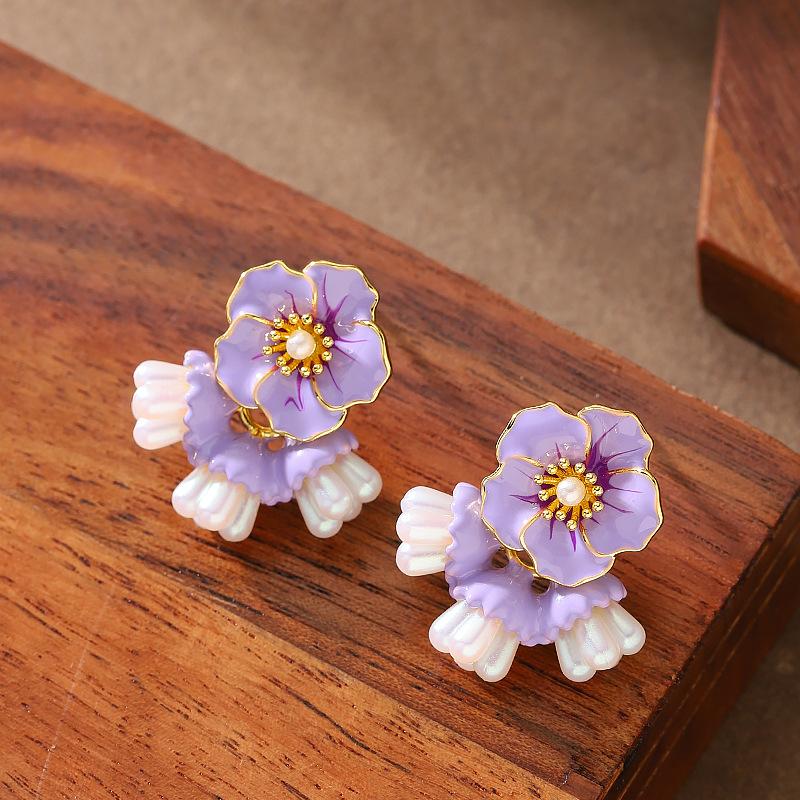 Mori Sweet Temperament Fairy Wind Enamel Drip Glaze Flower Stud Earrings Niche High-end Earrings Spring Simple Earrings
